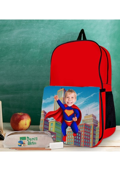 Bk Gift Kişiye Özel Süper Kahraman Tasarımlı Kırmızı Okul Çantası Ve Kalemlik Hediye Seti-3