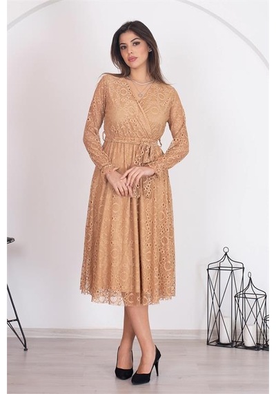 Neşeli Butik Kadın Camel Kuşaklı Kruvaze Yaka Astarlı Dantel Elbise Rssn31 Camel