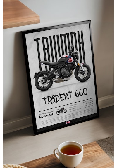 Triump Trident 660 Siyah Ahşap Çerçeveli Poster, Dekoratif Motosiklet Duvar Tablosu