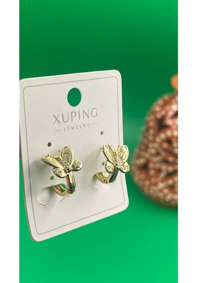 Xuping 14k Altın Renginde Kelebek Detaylı Zirkon Taşlı Küpe Gold