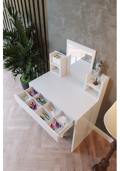 Aynalı Raflı Makyaj Masası - 90x49 cm Beyaz Çekmeceli Tuvalet Masası