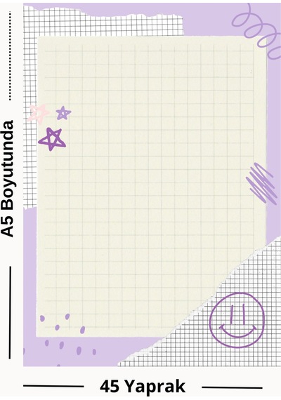 Mor Tonlarda Kareli A5 Not Bloku Smiley & Star Temalı - 45 Yaprak" Çok Renkli