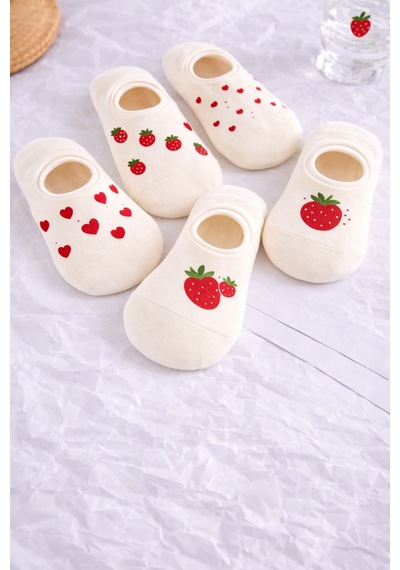 Hitit Socks Kadın5 Çift Çilek Ve Kalp Desenli Yüksek Pamuklu ... Çok Renkli
