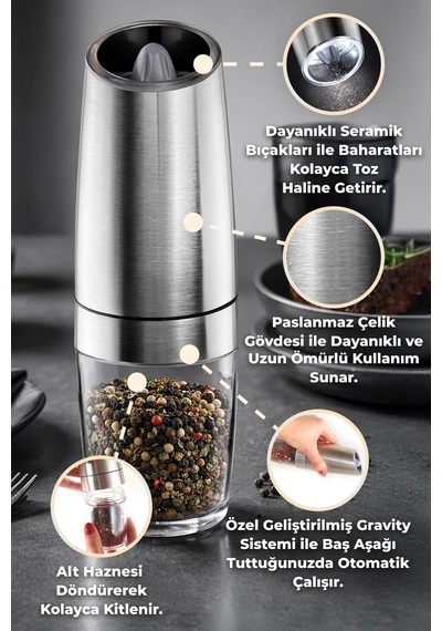 Gravity Paslanmaz Çelik Otomatik Tuz &amp Karabiber Öğütücü Pilli - Metalik Diğer