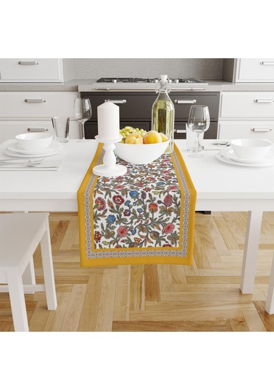 Colorful Flowers Runner 140x45cm Renkli Çiçek, Ince Keten Uluslararası Yıkama Ve Solmama Sertifikası Çok Renkli
