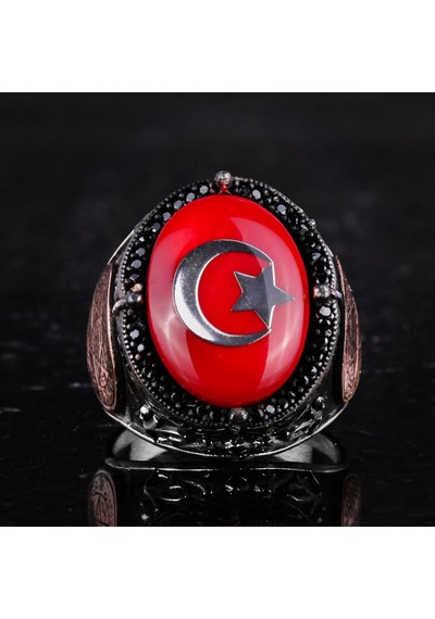 Yıldız Ve Hilal Desenli Yüzük - El Yapımı Yüzük - 925 Ayar Gümüş Erkek Yüzüğü Gümüş