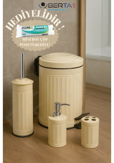 Vintage Dörtlü Siyah Banyo Seti Çöp Kovası Tuvalet Fırçası Diş Fırçalık Sıvı Sabunluk Metal Krem