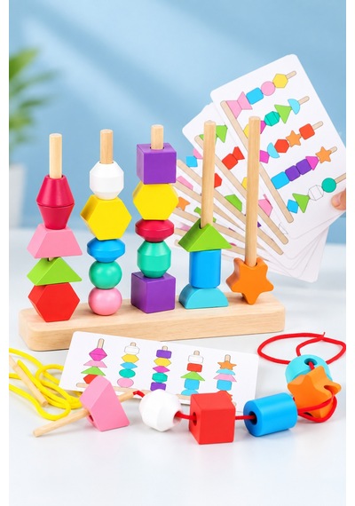Şekil-mantık Kuleleri Ahşap Geometrik Şekiller Ve Çubuğa Dizme Eğitim Seti