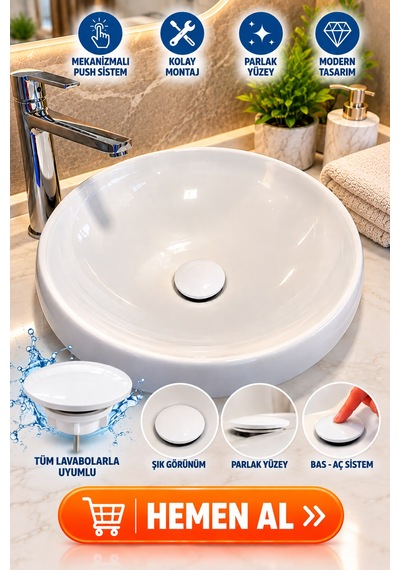 Lavabo Gider Süzgeci Bas Aç Pop-up Sistem Taşma Yüzüklü Dayanıklı Tasarım Beyaz