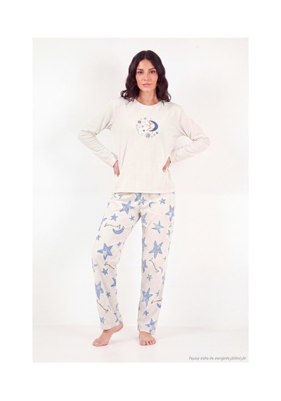 Lela Desenli Yumuşak Dokulu Uzun Kollu Pijama Takımı Kadın Pijama Takımı 65750155 Krem