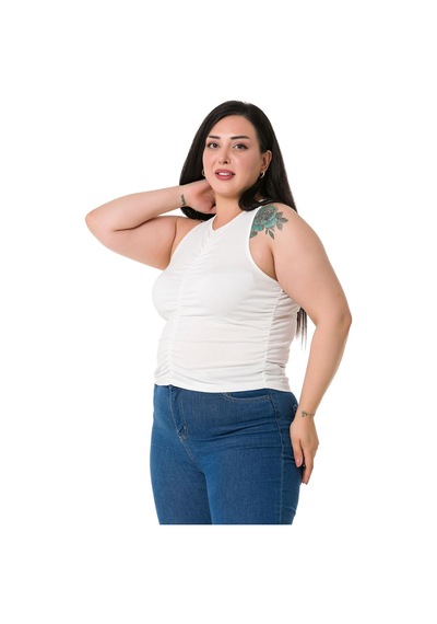 Disentis Büyük Beden Önü Ve Yanları Drapeli Halter Yaka Ekru Body-ekru Ekru