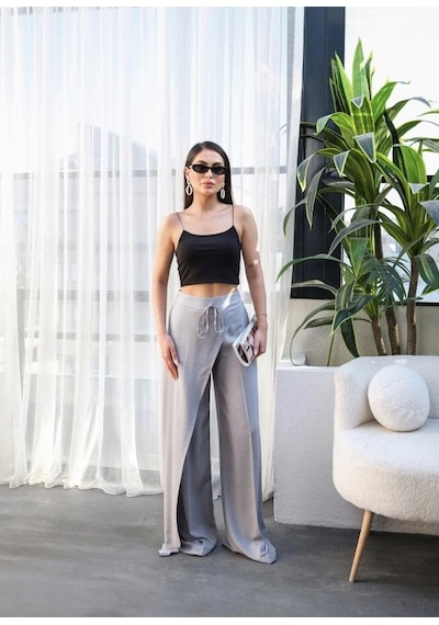 Defymoda Keten Önü Çapraz Parçali Lasti Kli Ve Bağcikli Geni Ş Paça Pantolon Gri