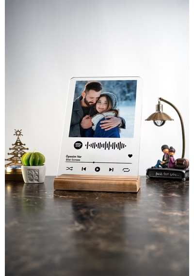 Spotify Barkodlu Fotoğraflı Masa Ev Dekor Dekoratif Ahşap Obje