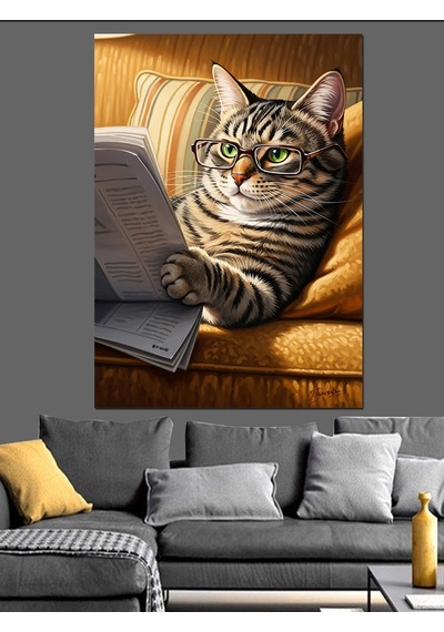 Ahşap Tablo Bıyıklı Kedi Portresi Müzik