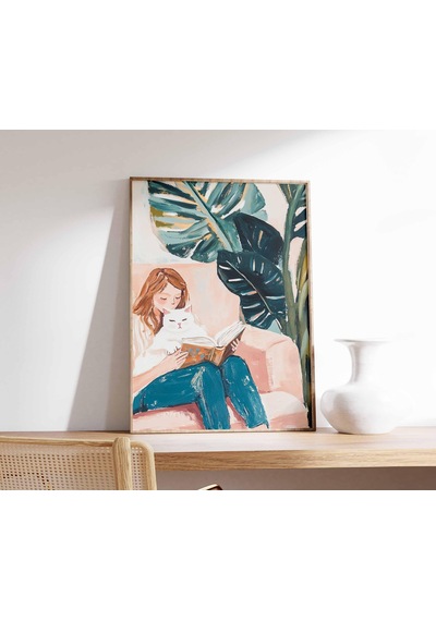 Beyaz Kediyle Kitap Okuyan Kız Posteri Botanik Temalı Oturma Odası Sanat Baskısı