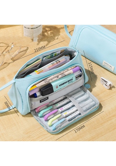 Geniş Büyük Kapasiteli Çok Fonksiyonlu Pastel Renkli Kalemlik Kalem Kutusu Çantası Makyaj Çantası Orijinal Angoo Büyük Kapasiteli Twill Kalemlik - Kalem Kutusu Mavi