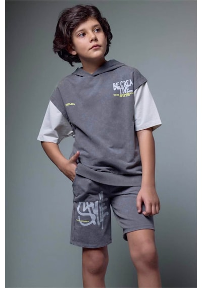 Defacto Oversıze Baskılı Sweatshirt Kumaşı Kısa Kollu Tişört Erkek Çocuk G9737a826smgr452 Gri-gr452