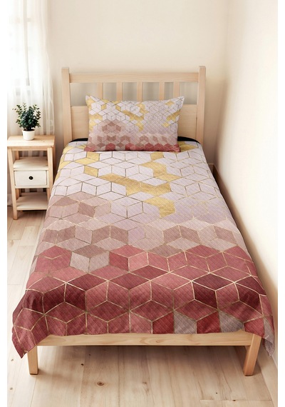 Geometrik Pudra Genç Odası Tek Kişilik Pike Takımı - Modern Gold 160x220 Cm Kapitone Yatak Örtüsü Kırık Harmoni Masalı