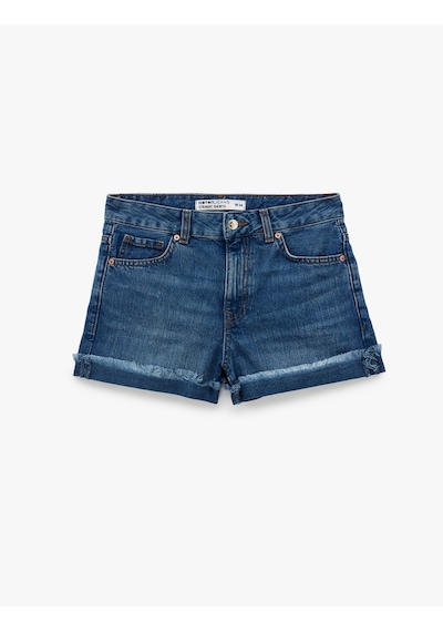 Koton Pamuklu Düğmeli Normal Bel Katlı Paça Mini Denim Şort Koyu İndigo 6sal40231md