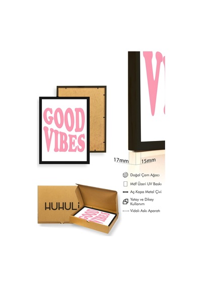 Doğal Ahşap Çerçeveli Retro Tablo - Good Vibes Pembe Yazı Tasarım Huhu2362