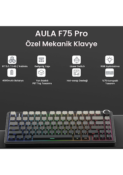 Aula F75 Mekanik Rgb Tkl Reaper Switch Kablosuz Makrolu Hot Swap Klavye Gradyan Gri