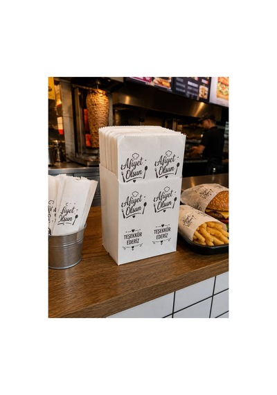 100 Adet Baskılı Servis Kesesi 15x20x8 Cm - Tost Poğaça Simit Sandviç Sunum Kağıdı - Fast Food Paket Servis Kılıfı
