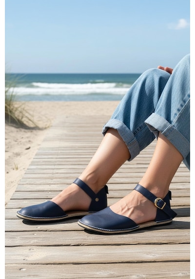 Bodhi Handcraft Kadın Barefoot Hakiki Deri Minimalist Günlük Sandalet El İmalatı Lacivert