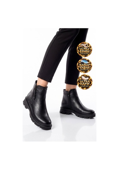 Ayakmod Siyah Cilt Kalın Kauçuk Tabanlı Zımba Detaylı Şık Fermuarlı Polarlı Kadın Bot 351107