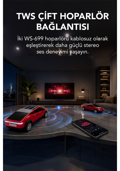 Ws-699 Cybertruck Model Bluetooth Hoparlör Tws Stereo Güneş Enerjili Şarj Usb / Tf Kart / Aux / Fm Radyo