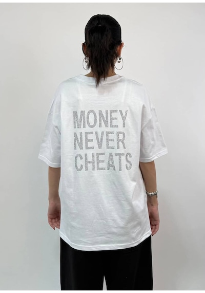 Zaee Money Never Cheats Taşlı Oversize Tişört Beyaz