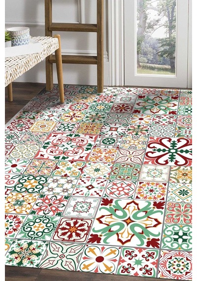 Frenda Home Çini Desenli Pamuk Taban Yıkanabilir Baskılı Halı Kırmızı