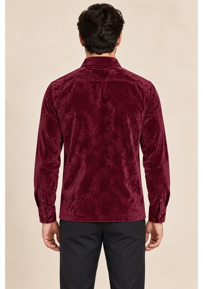 Tarz Cool Erkek Parlak Kadife Uzun Kollu Regular Fit Gömlek Bordo