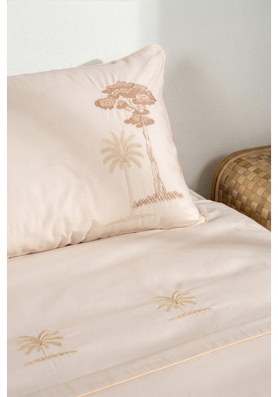 Palm Bej Çift Kişilk Nakışlı Keten Nevresim Takımı 2503 Bej