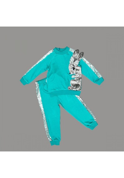 1-2-3 Yaş Payetli Pelüş Tavşan Desenli Likra Penye Kumaş Sweat Pantolonlu Kız 2li Çocuk Takımı 001