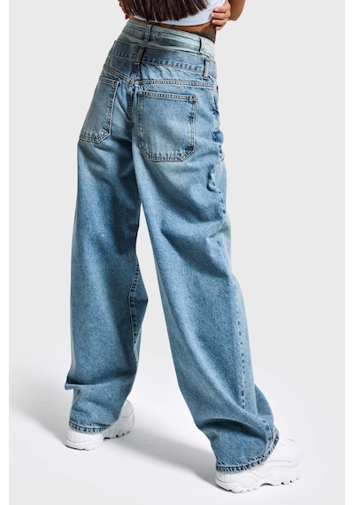 it's basic Kadın Kot Rengi 4s6-32 Barrel Fit Bol Kesim Çift Kemer Detaylı Tasarım Denim Jean Mavi