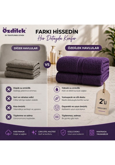 Özdilek Belda Plaj Havlusu 70x140 Cm %100 Pamuk Büyük Boy Yumuşak Havlu Yüksek Emici & Hızlı Kuruyan Deniz, Plaj, Havuz Havlusu Mor