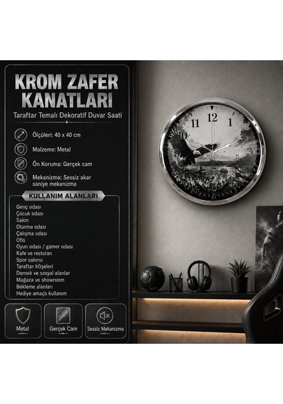 Krom Zafer Kanatları Taraftar Temalı 40 X 40 Cm Metal Duvar Saati