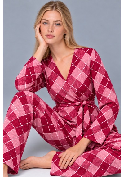 Kadın Desenli Ev Stili Kuşaklı Pembe Pijama Takımı 4808