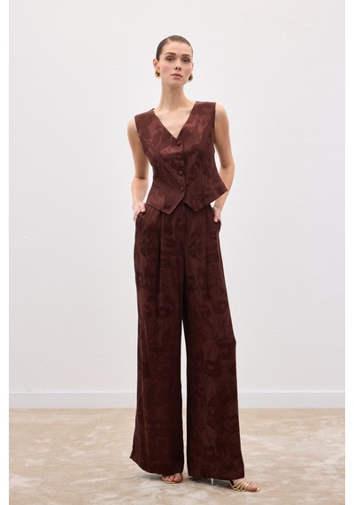 Sateen Jakarlı Bol Pantolon - Kahve-136817 Kahve