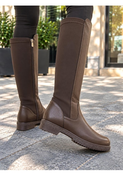 Asmi Shoes Kadın London Kahverengi Dalgıç Kumaş Dizaltı Çizme