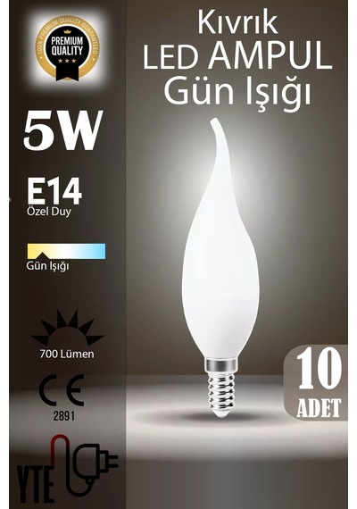 Gün Işığı Kıvrık Mum Led Ampul E14 Duy 5w 10 Adet
