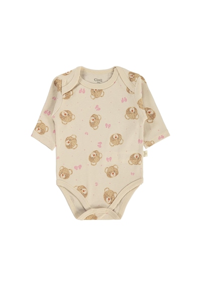 Civil Baby 3 Lü Ayıcık Empirmeli Uzun Kol 0-36 Ay Çıtçıtlı Badi - Bej Taş Rengi