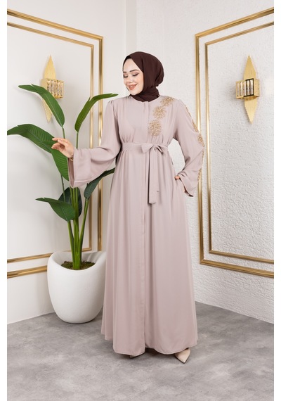 Nevayla Moda Sol Tarafı İnci Detaylı Ferace - Bej / F0140 Bej