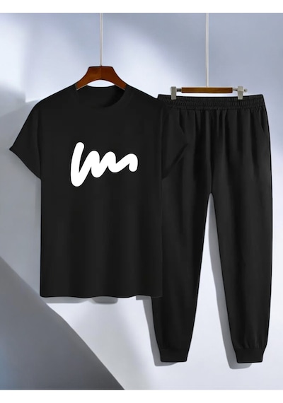 Uyguntarz Unisex W Yazı Tasarım Basklı Tshirt Eşofman Takımı Siyah