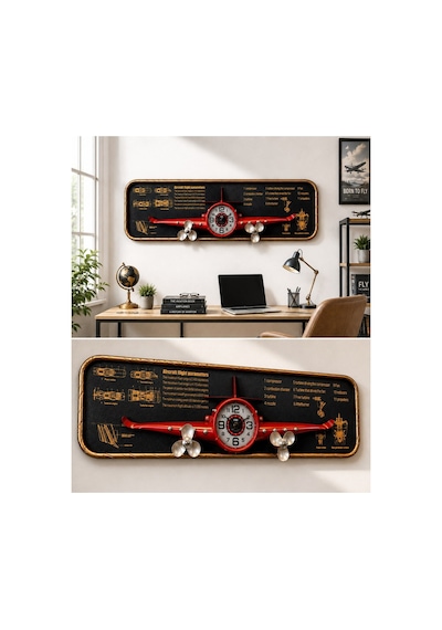 Uçak Tasarımlı Duvar Tablosu 3d Kabartmalı Metal Uçak Duvar Saati Tablo Ev Ofis Dekoru 78x21cm Krmzı Biblo