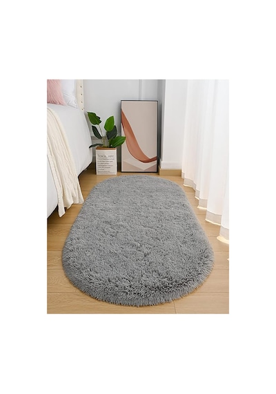Gri Oval Post Halı Peluş Yumuşak Kaymaz Dot Taban Makinada Yıkanabilir Yolluk Gri