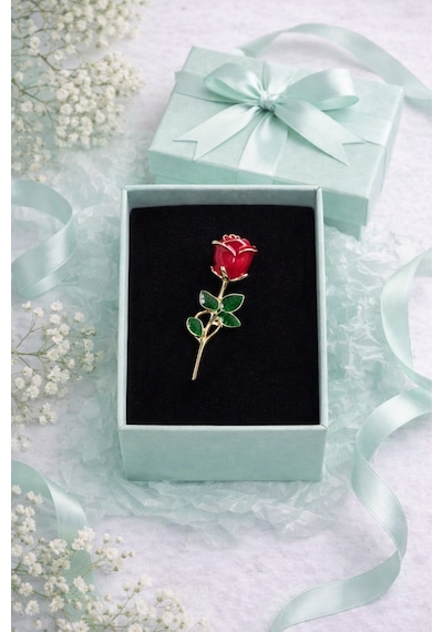 Kırmızı Gül Broş Şık Tasarım Taşlı Rose Brooch Hediye Kutulu Kadın Aksesuar 2 Renkli