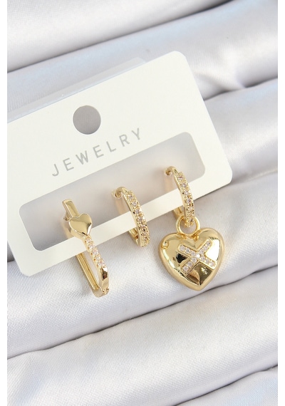Pirinç Zirkon Taşlı Kalp Model Gold Renk 3'lü Çift Kadın Küpe Set çok renkli