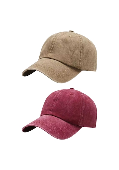 Tezzgelsin Unisex Pamuklu Eskitme 2'li Kep Şapka Camel Kırmızı
