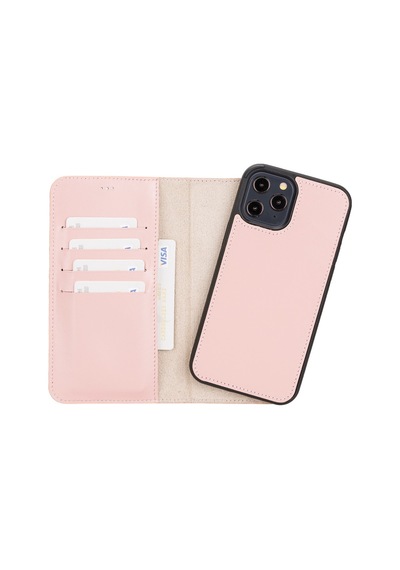 Plm Apple İphone 12 Pro Max Uyumlu Deri Cüzdanlı Kılıf Nu2 Pembe Acı Kahverengi